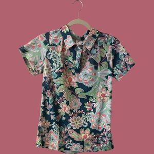 Blue and Pink Fitted Button Down Blouse with Peter Pan Collar